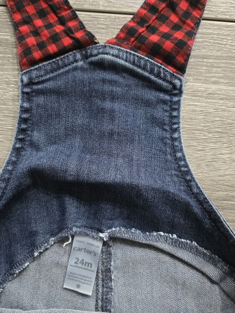 Carters Toddler Blue Denim Overalls W Red Buffalo Plaid Detail - Size 24m